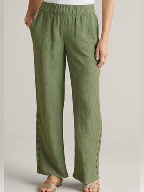 Soft Surroundings Oceo Crinkle Gauze Wide Leg Pants Olive Green Medium Tall